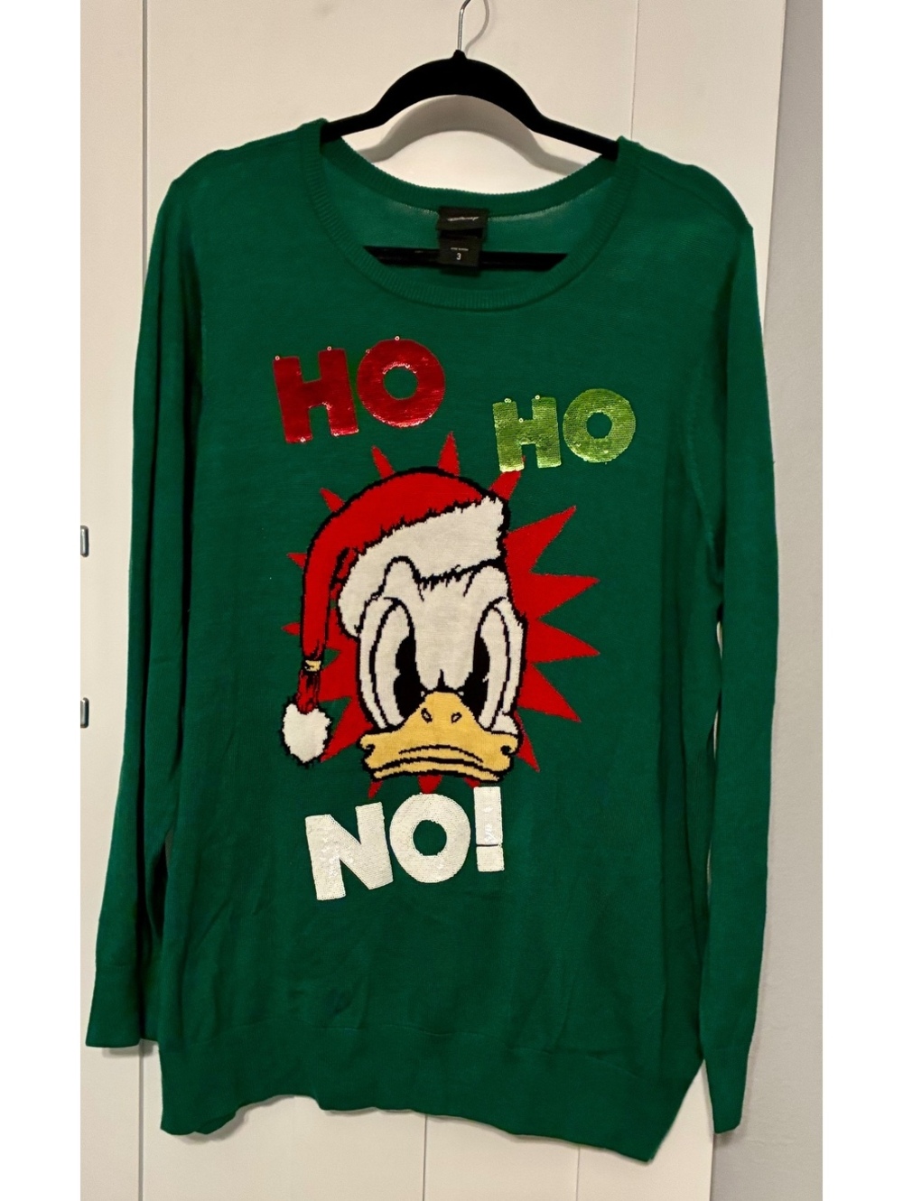 Disney Donald Duck "Ho Ho No!" Green Sequin Christmas Holiday Sweater Sz3 (Plus)